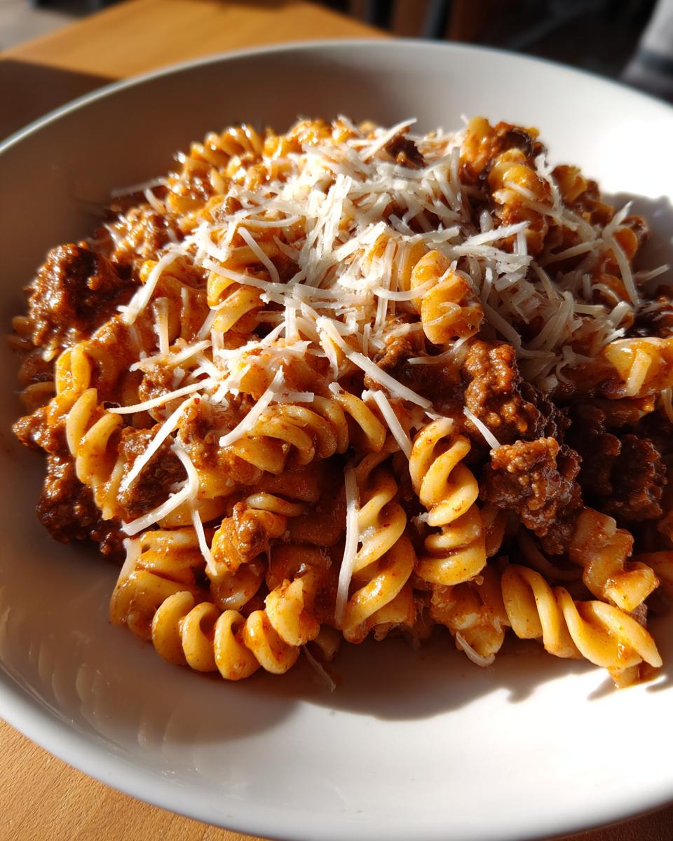 Close-up of a bowl of creamy beef pasta using rotini noodles, topped generously with shredded Parmesan cheese.