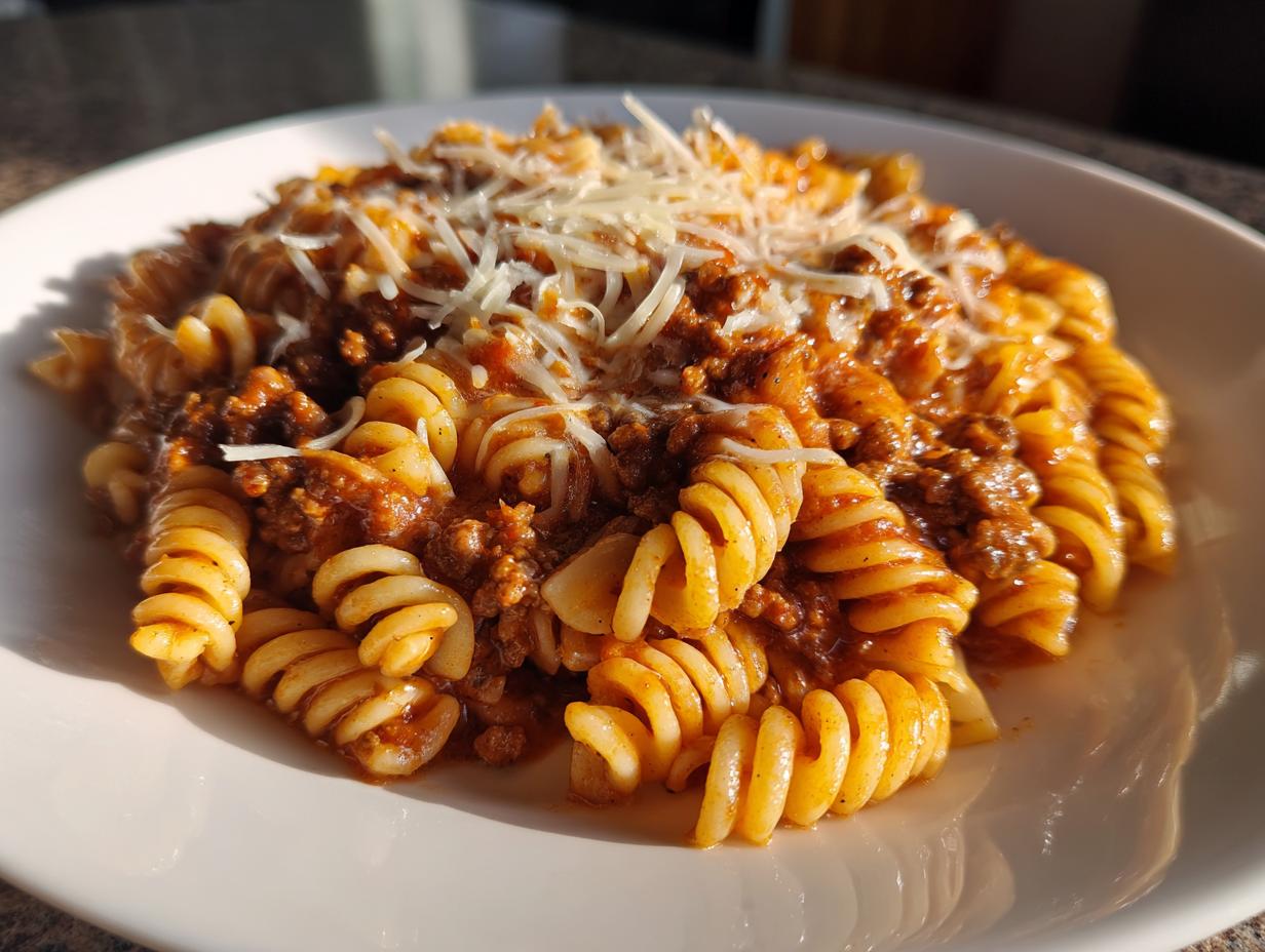 A close-up of a white bowl filled with creamy beef pasta (rotini) topped with shredded Parmesan cheese.