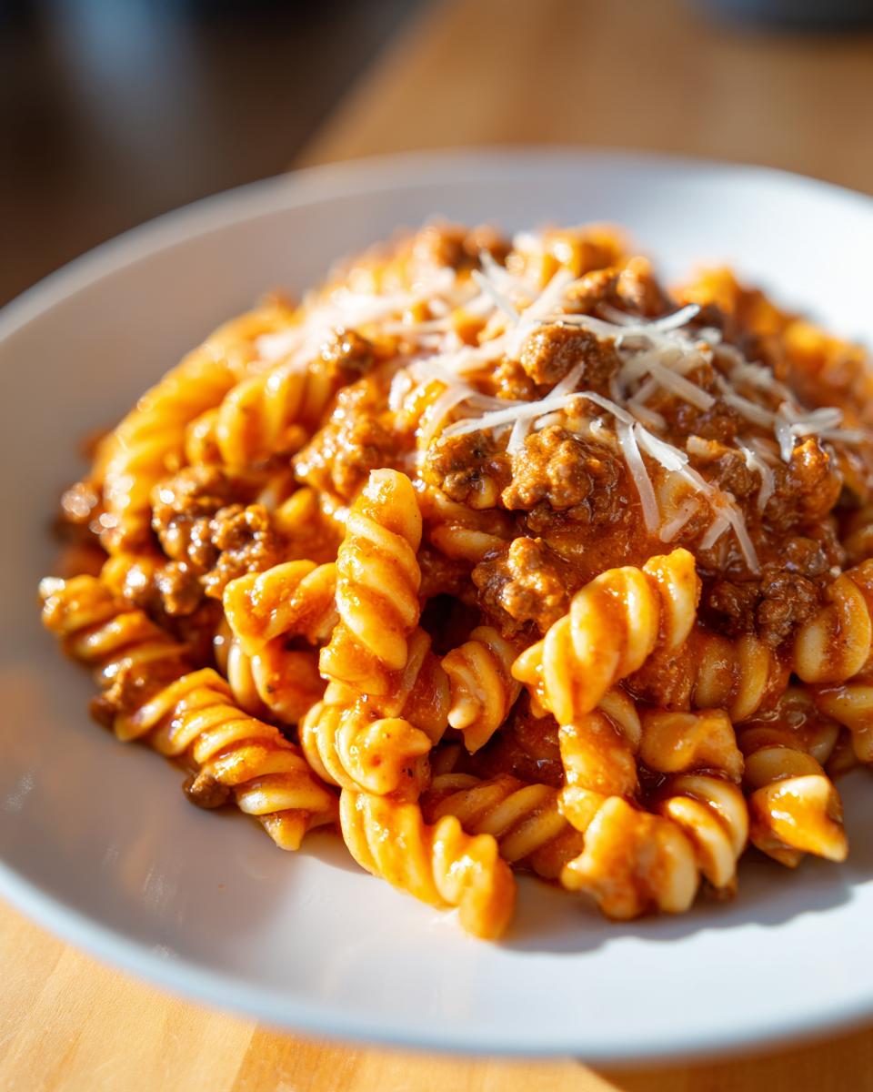 A close-up of creamy beef pasta made with rotini noodles, covered in a rich sauce and topped with shredded Parmesan cheese.