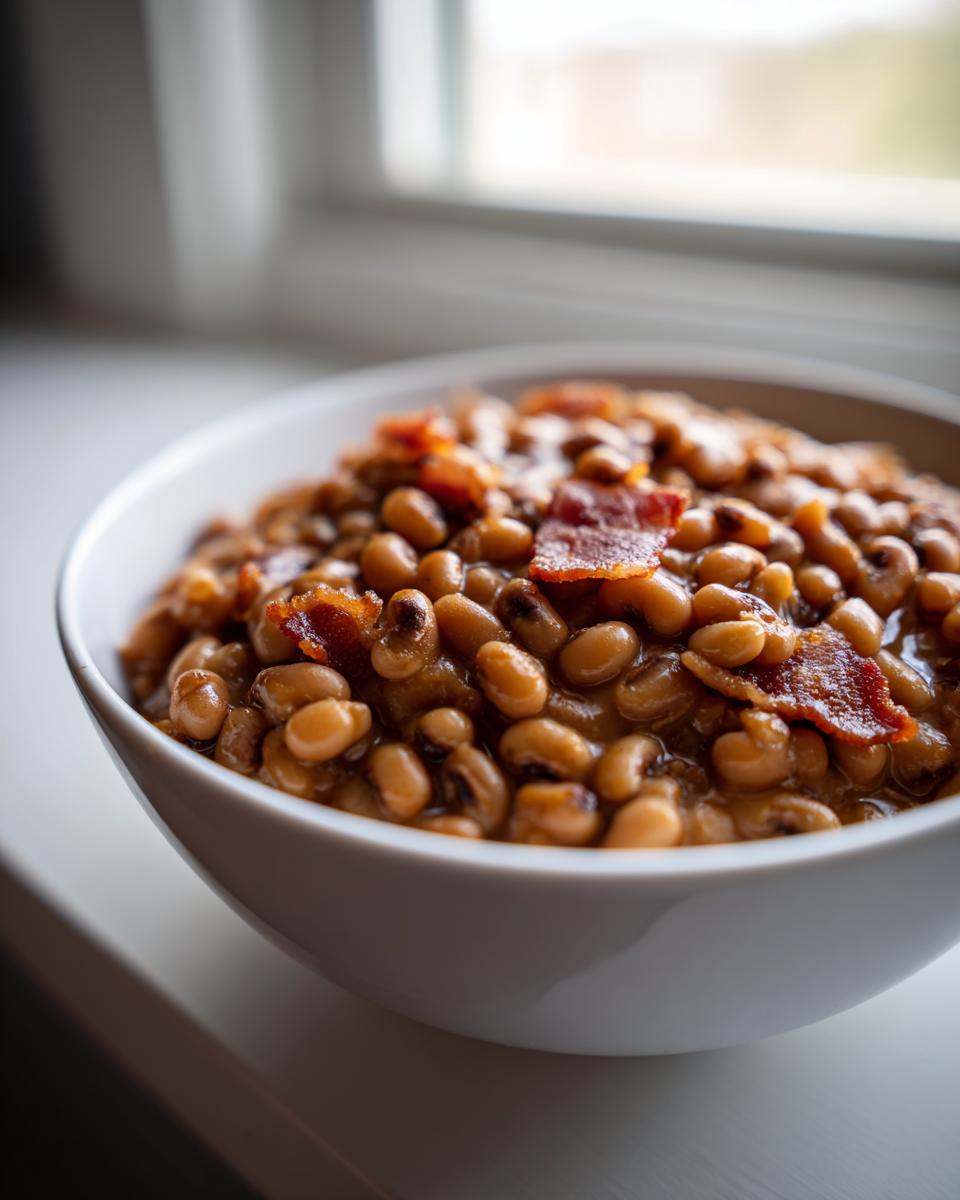 A white bowl filled with creamy black eyed peas topped with crispy bacon pieces.