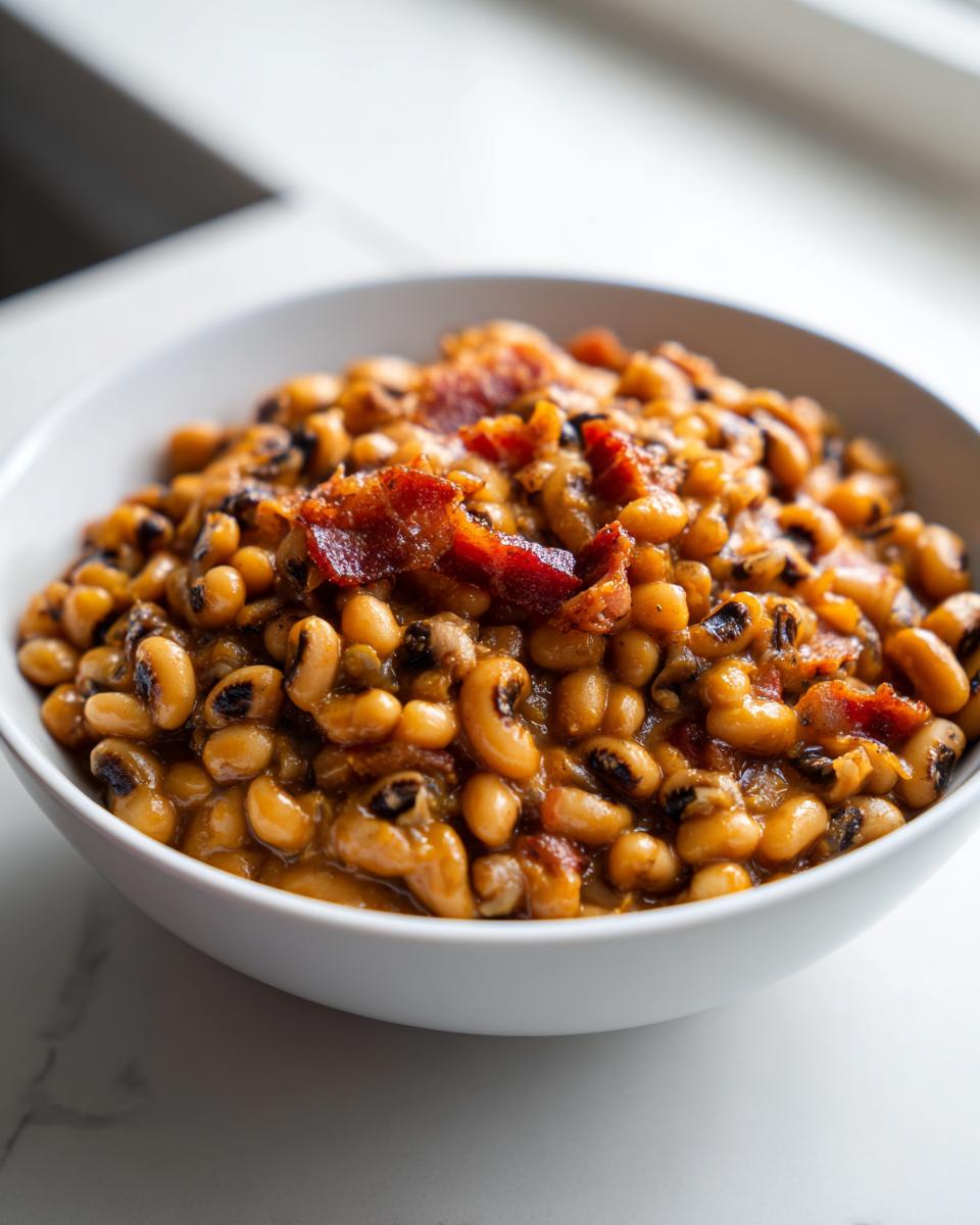 A white bowl filled with creamy, savory black eyed peas topped with crispy bacon pieces.