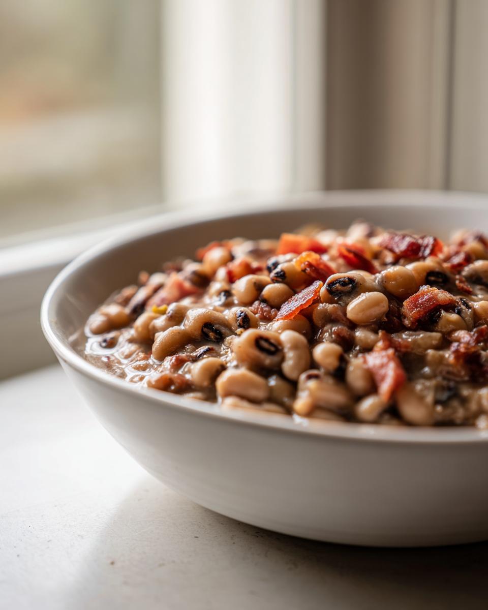 A close-up of a white bowl filled with creamy black eyed peas topped with crispy bacon pieces.