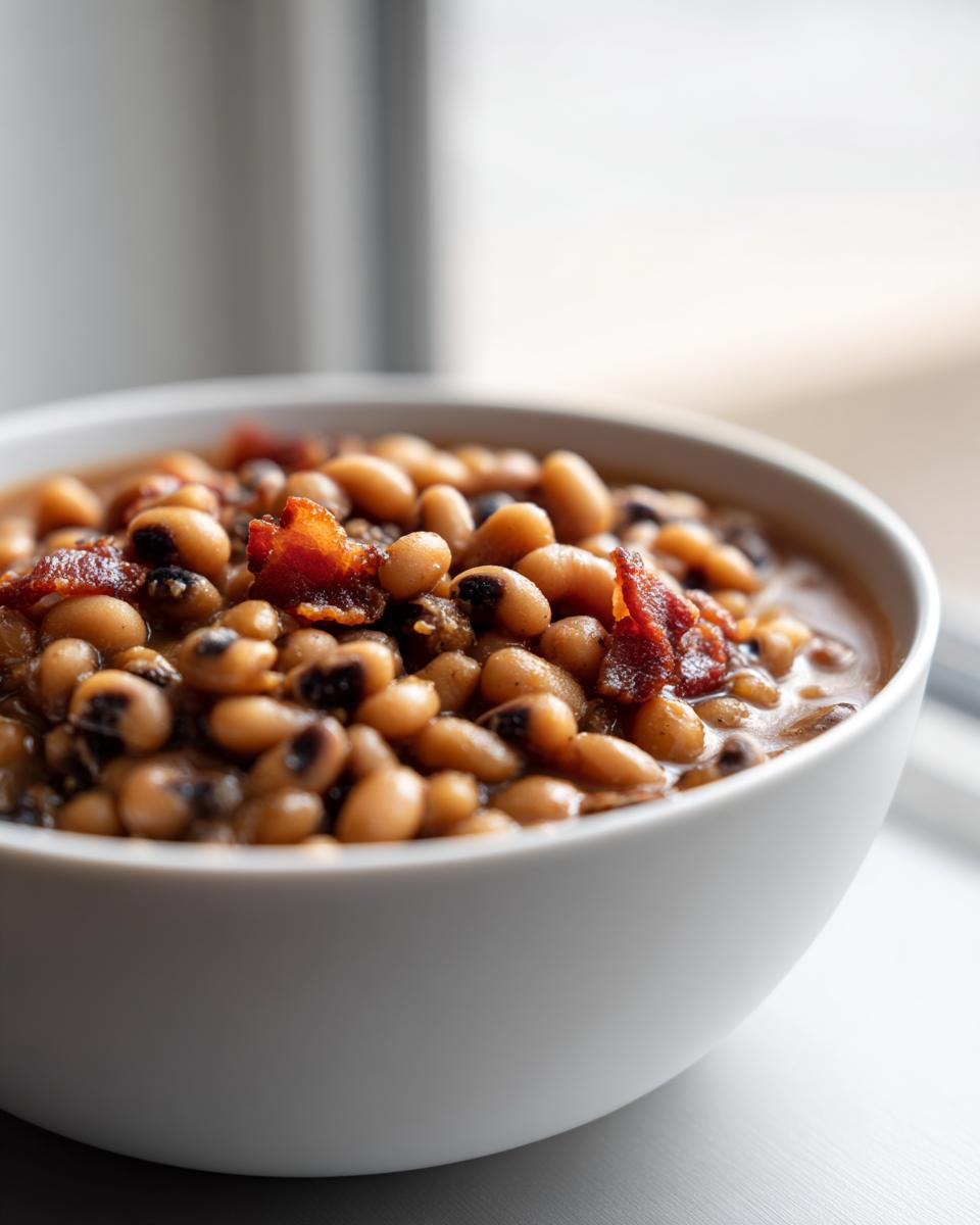 Close-up of a white bowl filled with creamy black eyed peas topped with crispy bacon pieces.