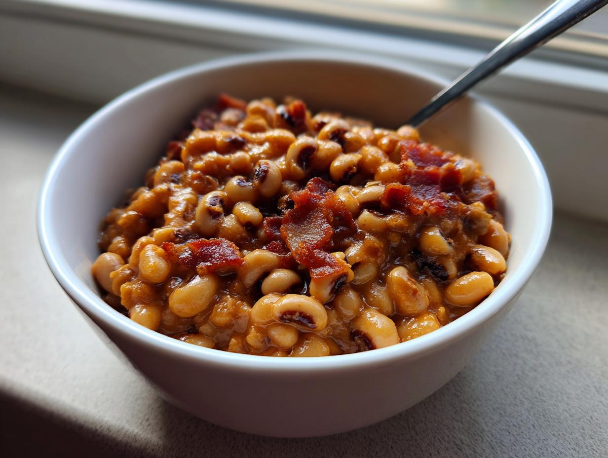 Close-up of a white bowl filled with creamy black eyed peas topped with crispy bacon pieces.