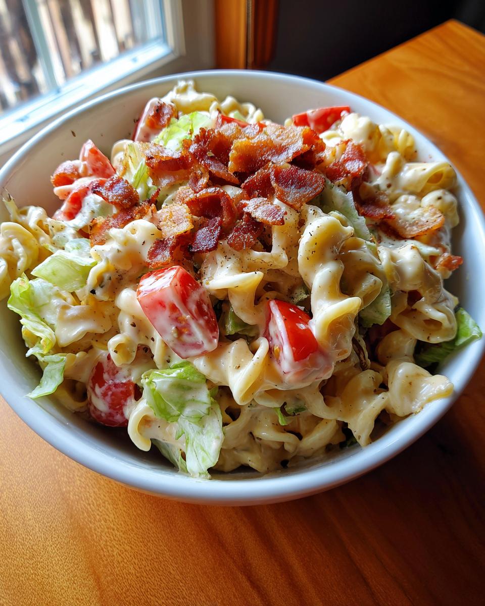 A close-up of a bowl of creamy BLT pasta salad featuring rotini pasta, chopped tomatoes, lettuce, and topped with crumbled bacon.
