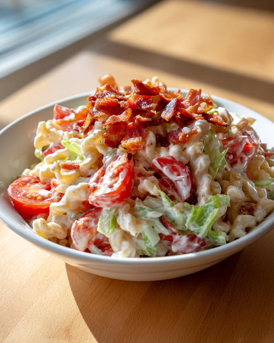 A close-up of a creamy BLT pasta salad featuring pasta, tomatoes, lettuce, and a generous topping of crispy bacon.