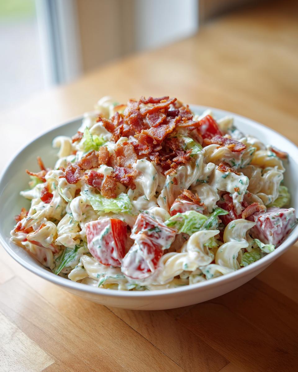 A white bowl filled with creamy BLT pasta salad featuring pasta, tomatoes, lettuce, and a generous topping of crispy bacon.