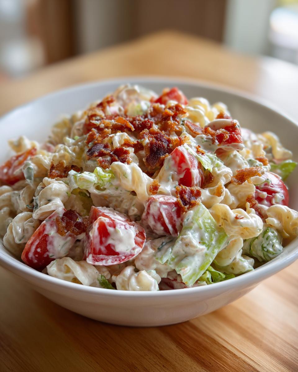 A bowl of creamy BLT pasta salad featuring rotini pasta, chopped tomatoes, lettuce, and crispy bacon crumbles.