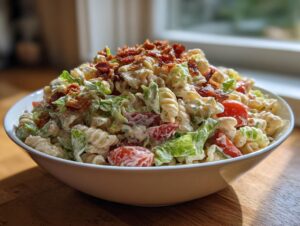 A large bowl filled with creamy BLT pasta salad featuring rotini pasta, lettuce, tomatoes, and topped with crispy bacon.