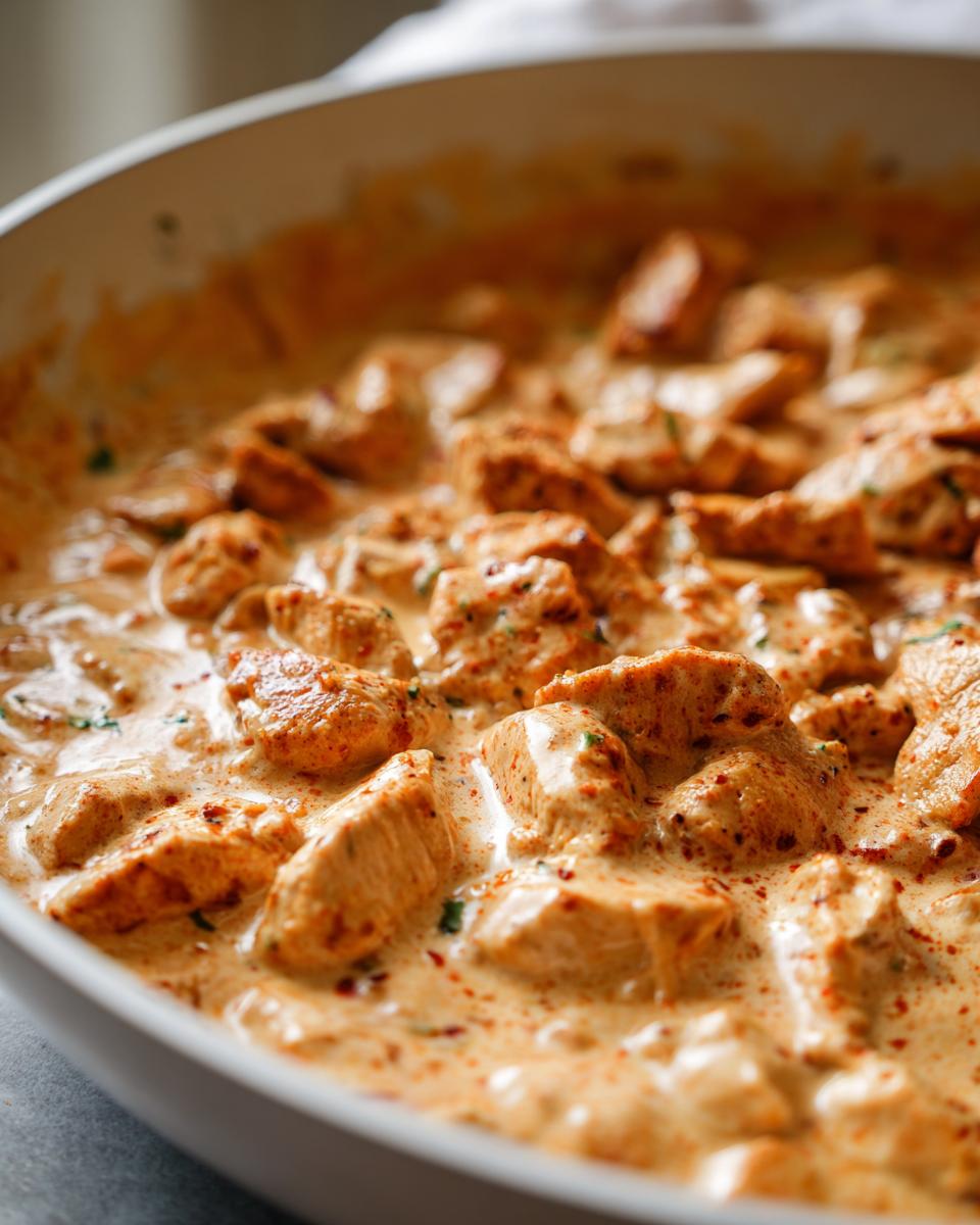 Close-up of seasoned chicken pieces coated in a rich, creamy orange sauce, representing amazing cajun chicken.