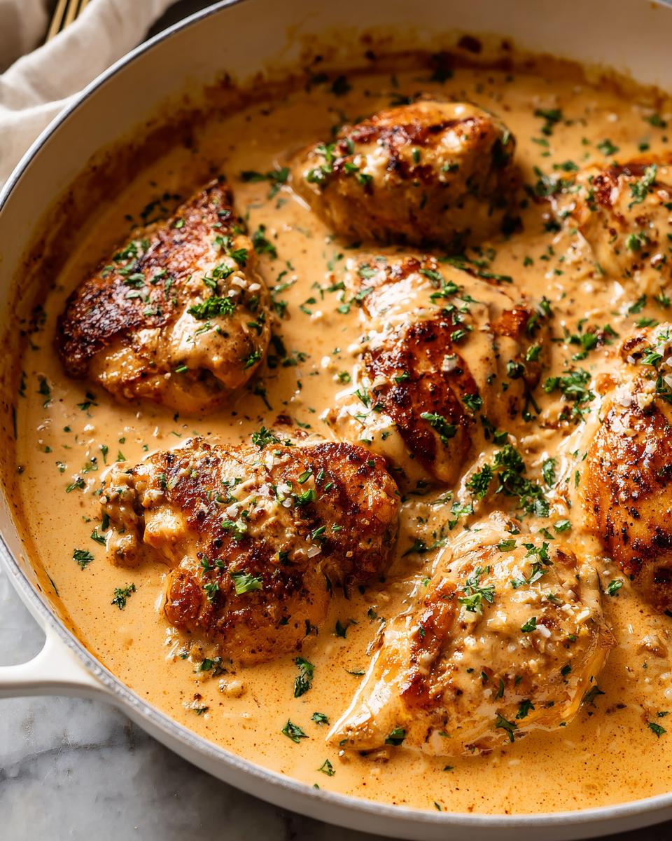 Close-up of seared cajun chicken pieces simmering in a rich, creamy sauce, garnished with parsley.