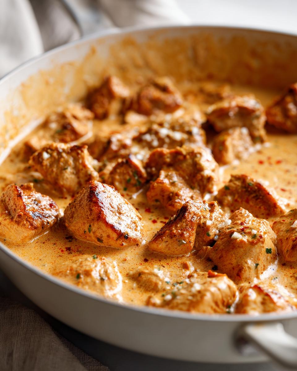 Close-up of seared, bite-sized cajun chicken pieces simmering in a rich, creamy orange sauce in a white skillet.