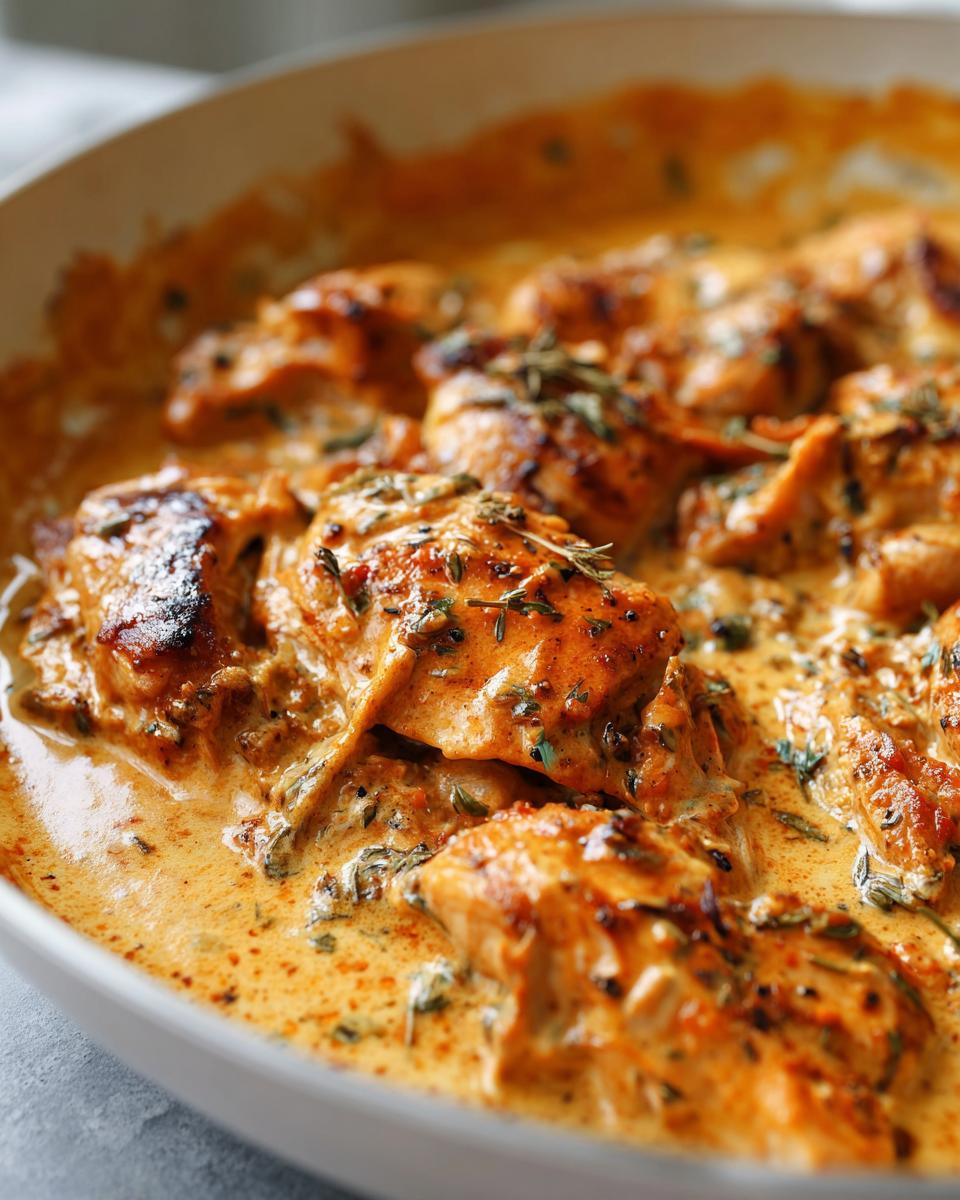 Close-up of seared cajun chicken pieces simmering in a rich, creamy, orange-hued sauce, garnished with herbs.