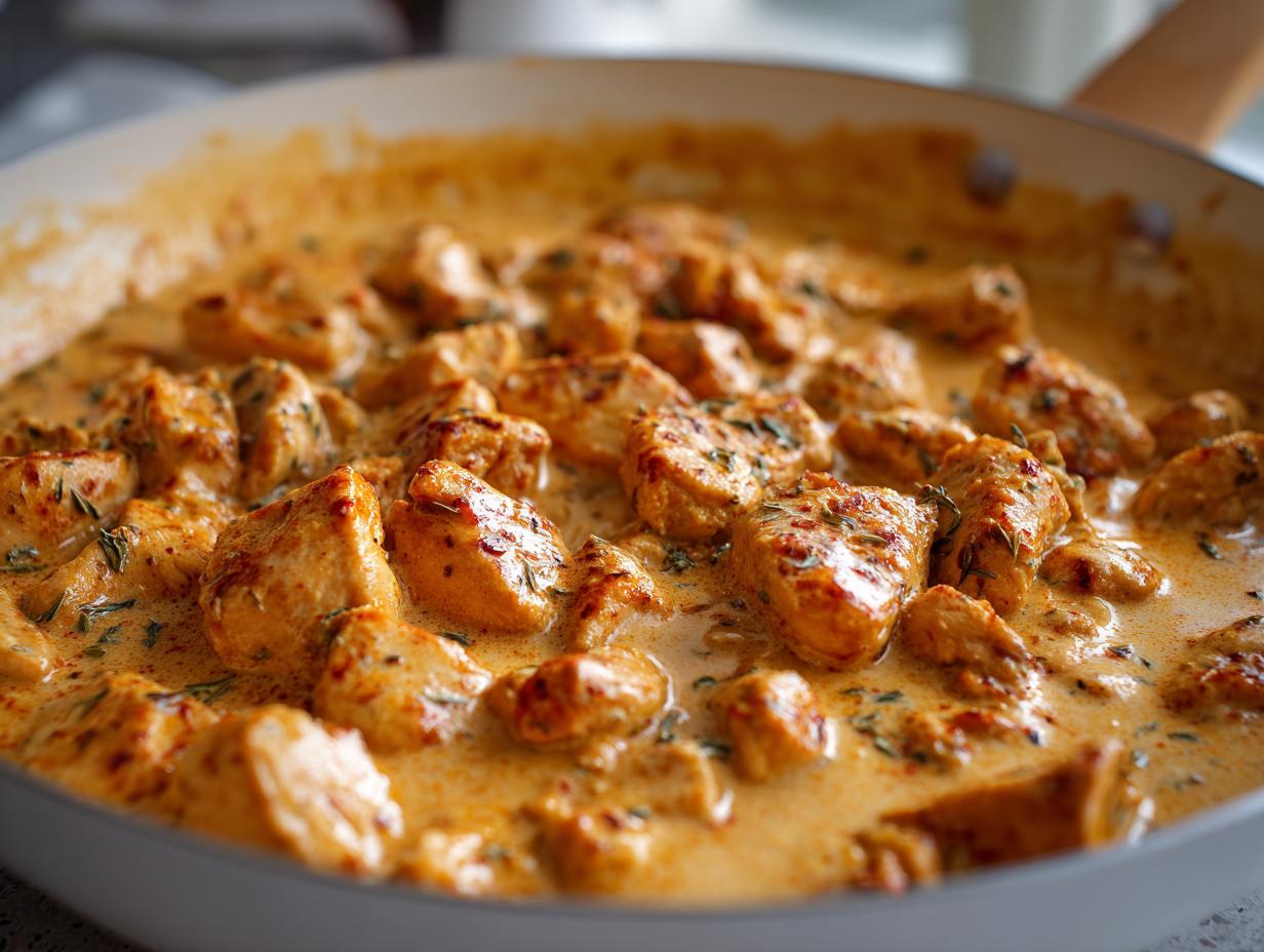 Close-up of seasoned chunks of cajun chicken simmering in a rich, creamy orange sauce in a white skillet.