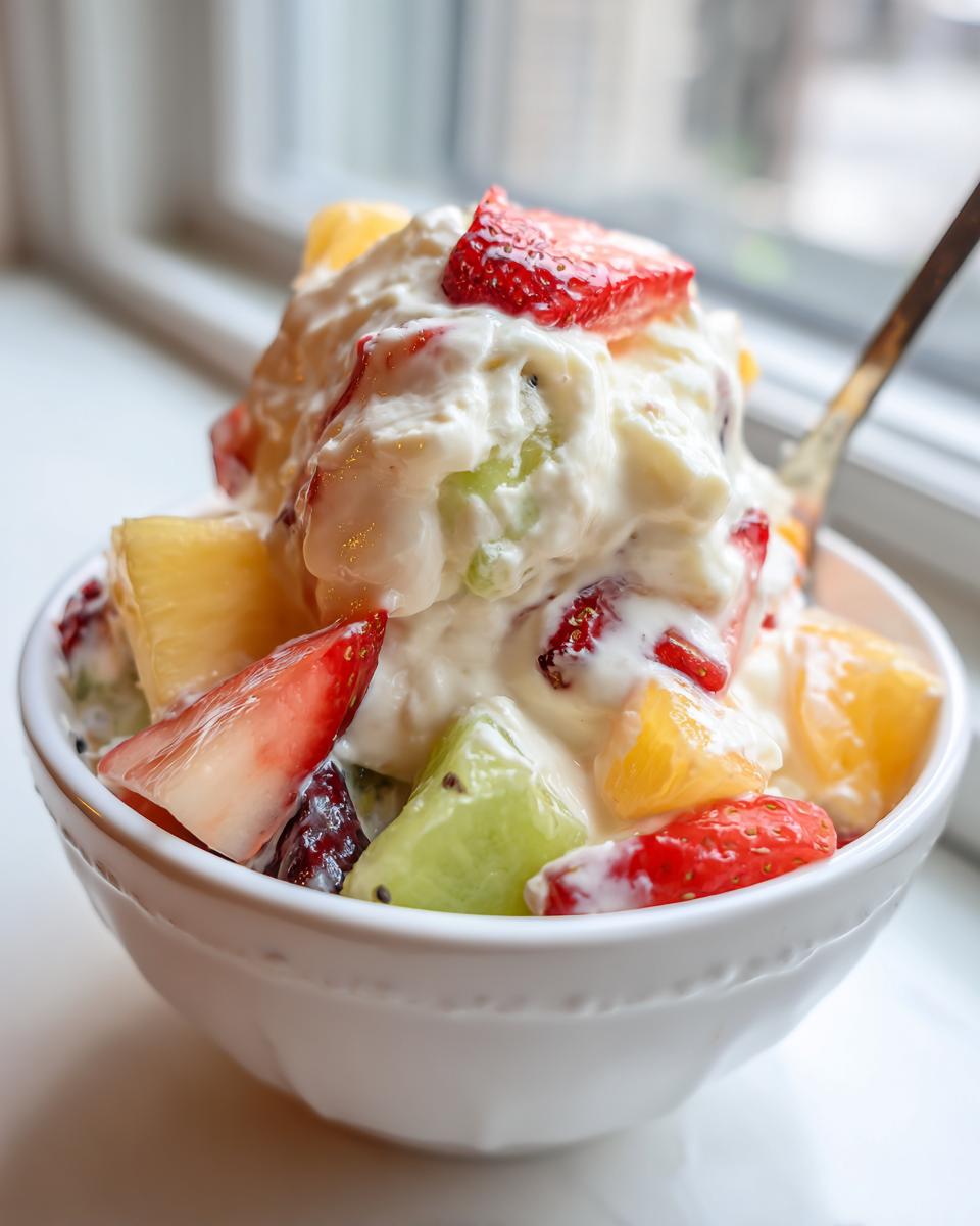 Close-up of a serving of cheesecake fruit salad with strawberries, pineapple, and kiwi in a white bowl.