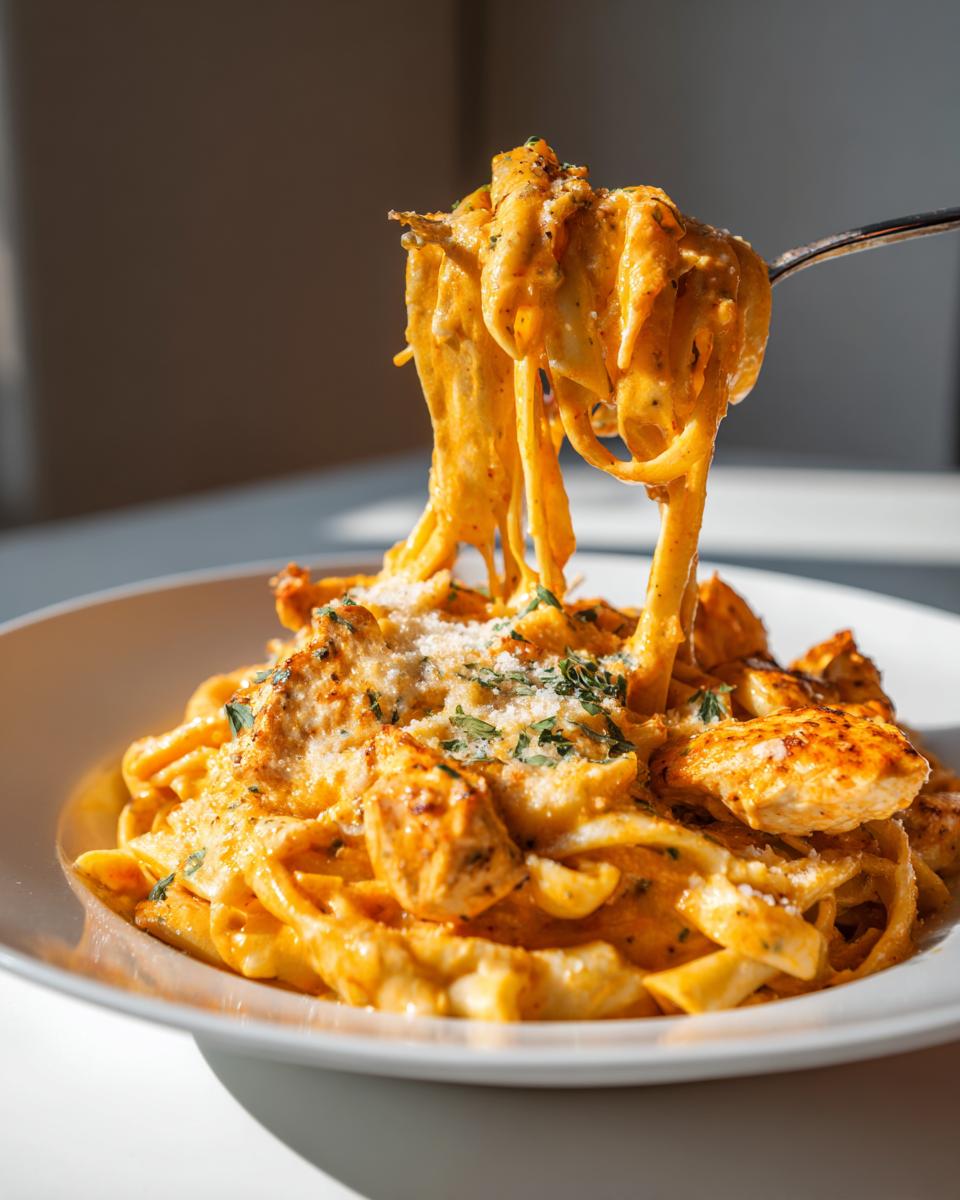 A fork lifts a generous portion of creamy, saucy cheesy chicken pasta from a white bowl, topped with Parmesan.