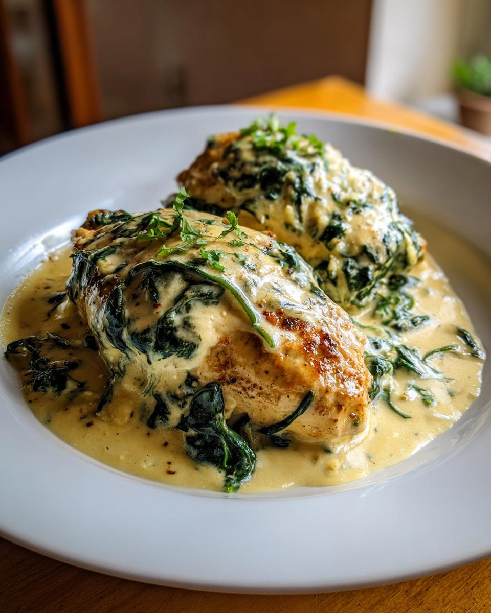 Two golden-brown chicken breasts smothered in a creamy sauce with wilted spinach, garnished with parsley, a perfect Chicken Florentine.