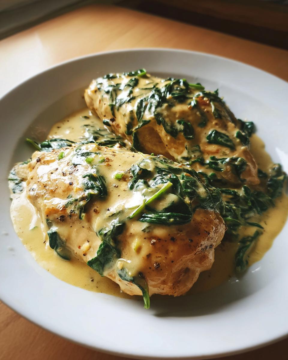 Two golden-brown chicken breasts smothered in a rich, creamy sauce with wilted spinach, characteristic of Chicken Florentine.