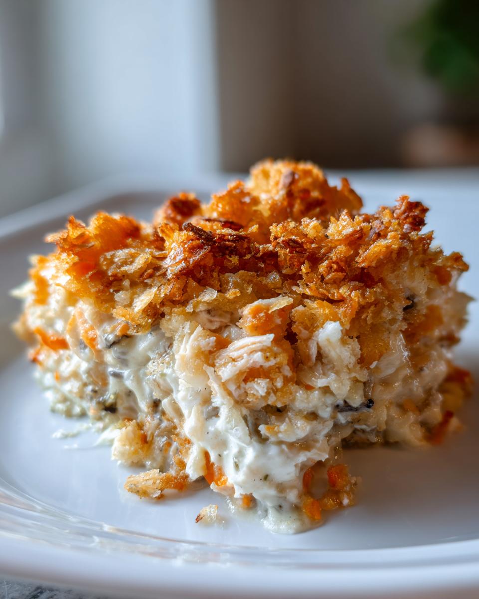 A close-up, vertical slice of creamy chicken wild rice casserole topped with golden, crunchy fried onions or breadcrumbs.