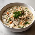 Close-up of creamy chicken wild rice soup, topped with shredded chicken and fresh parsley.
