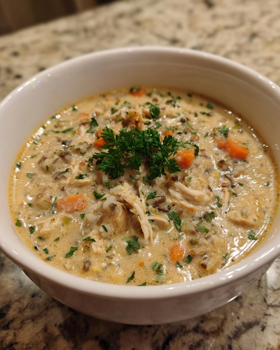 Close-up of a creamy chicken wild rice soup, garnished with parsley and visible carrots.