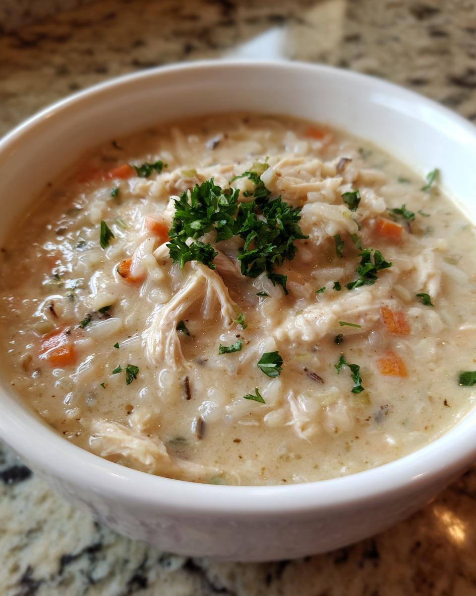 Close-up of creamy chicken wild rice soup, featuring shredded chicken, carrots, and parsley garnish.