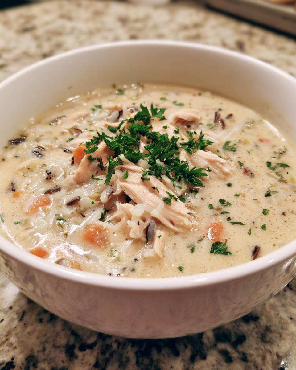 Close-up of creamy chicken wild rice soup topped with shredded chicken and fresh parsley.