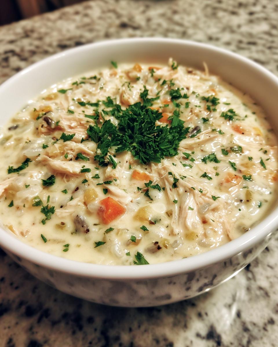 Close-up of a creamy chicken wild rice soup topped with fresh parsley in a white bowl.