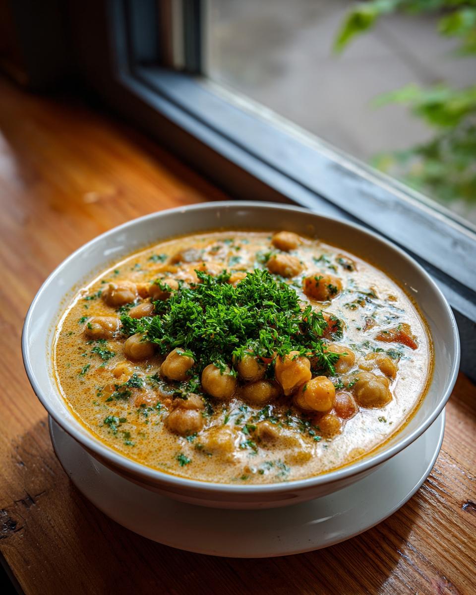 A creamy bowl of chickpea soup, rich in color and topped generously with fresh chopped parsley.