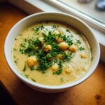 A close-up of a bowl of creamy chickpea soup, garnished with whole chickpeas and chopped fresh parsley.