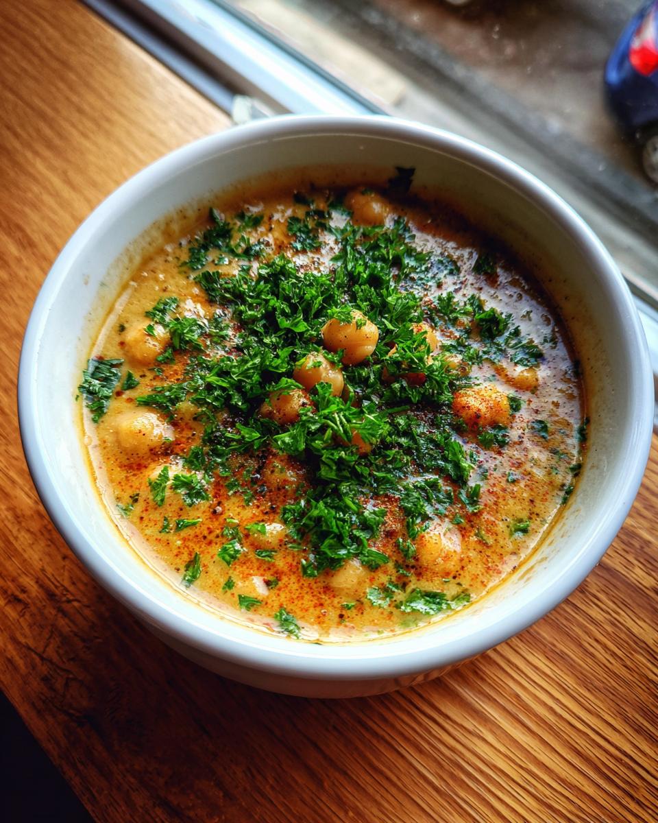 Overhead view of a white bowl filled with creamy chickpea soup, heavily garnished with fresh parsley and paprika.