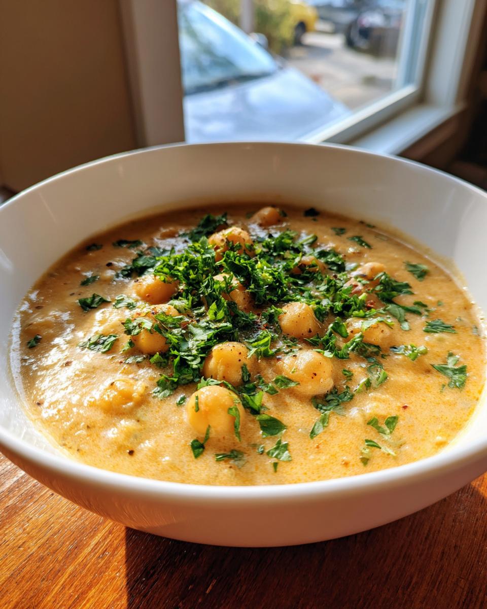 A close-up of a creamy, orange-hued chickpea soup garnished generously with fresh chopped parsley.