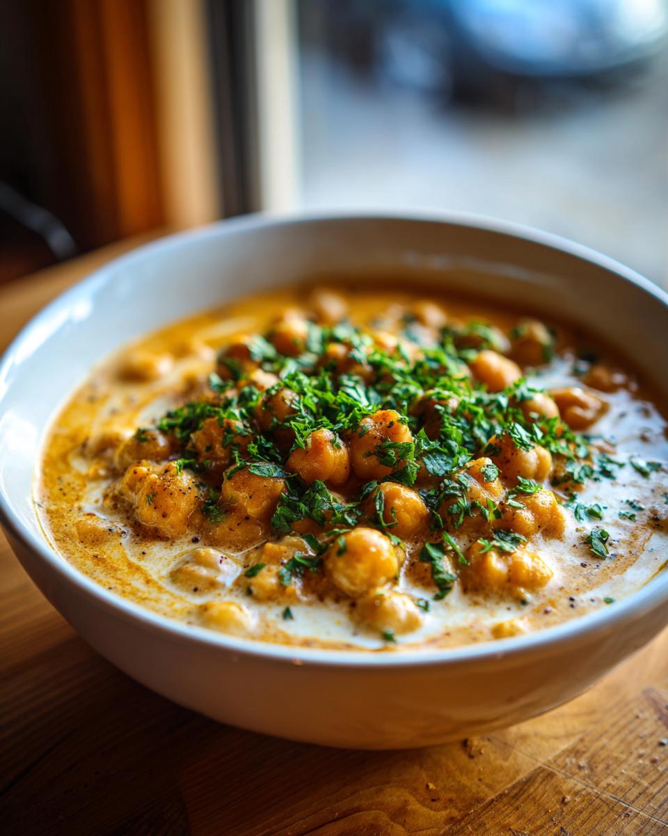A close-up of a creamy bowl of chickpea soup, topped generously with fresh chopped parsley.
