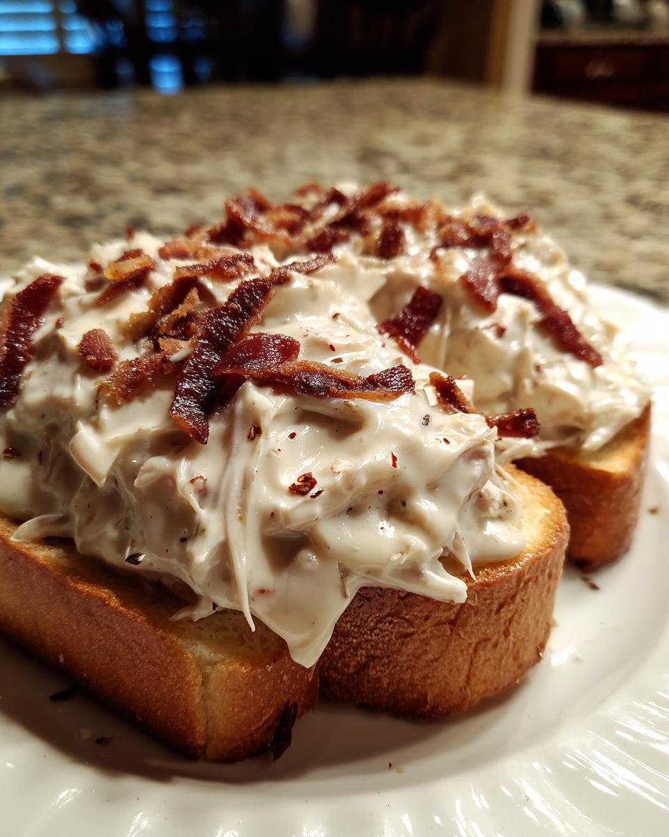 Two thick slices of toast generously topped with creamy chipped beef on toast and sprinkled with crispy bacon bits.