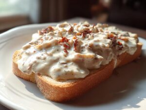 A thick slice of toasted bread generously topped with creamy chipped beef on toast sauce.