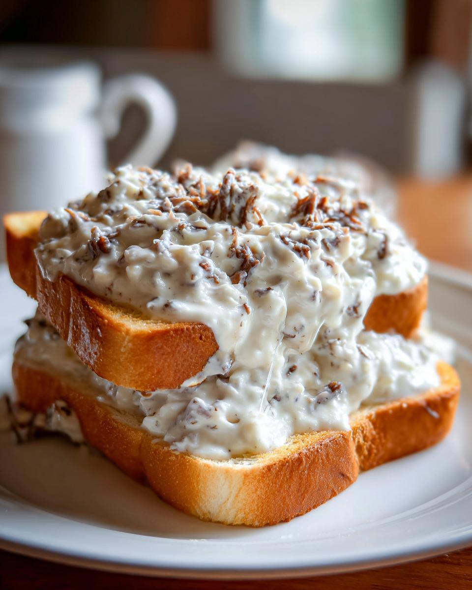 Two slices of golden toast generously covered in creamy chipped beef on toast sauce.