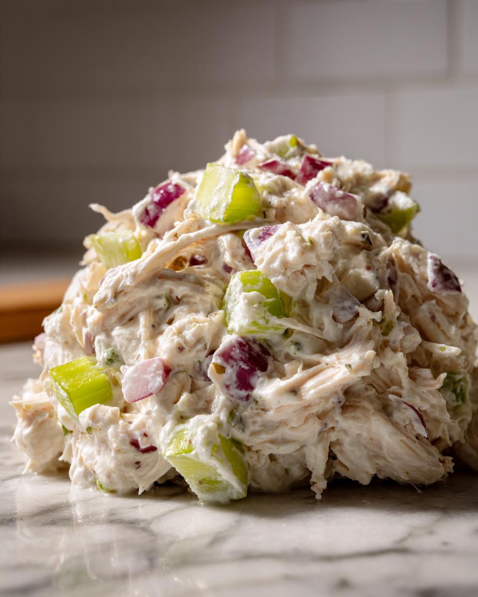 A mound of creamy cottage cheese chicken salad mixed with chunks of celery and red onion.