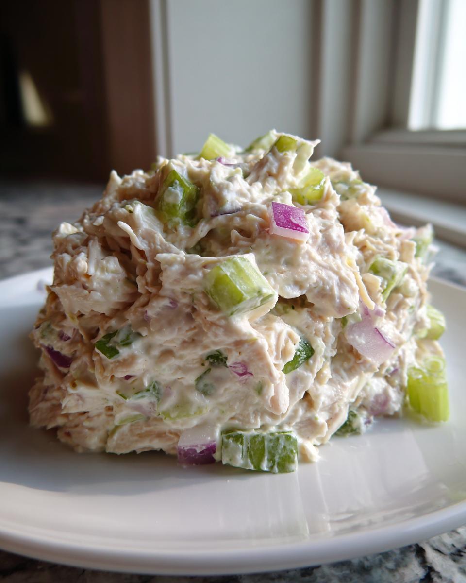 A mound of creamy cottage cheese chicken salad mixed with diced celery and red onion on a white plate.