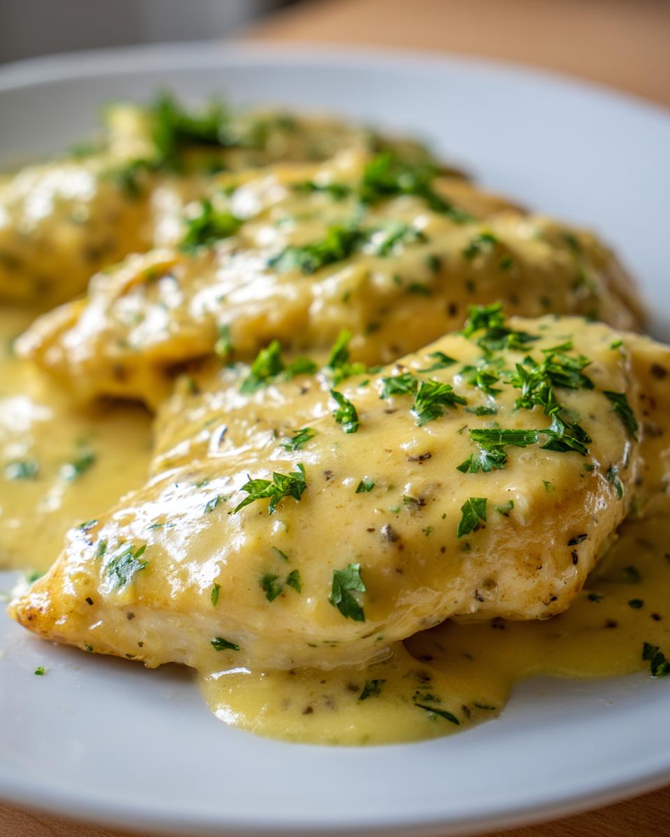 Close-up of perfectly cooked chicken breasts smothered in a creamy, yellow dijon chicken sauce and topped with fresh parsley.