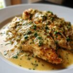 Two golden-brown chicken breasts smothered in a creamy, herb-flecked sauce, showcasing the delicious dijon chicken recipe.