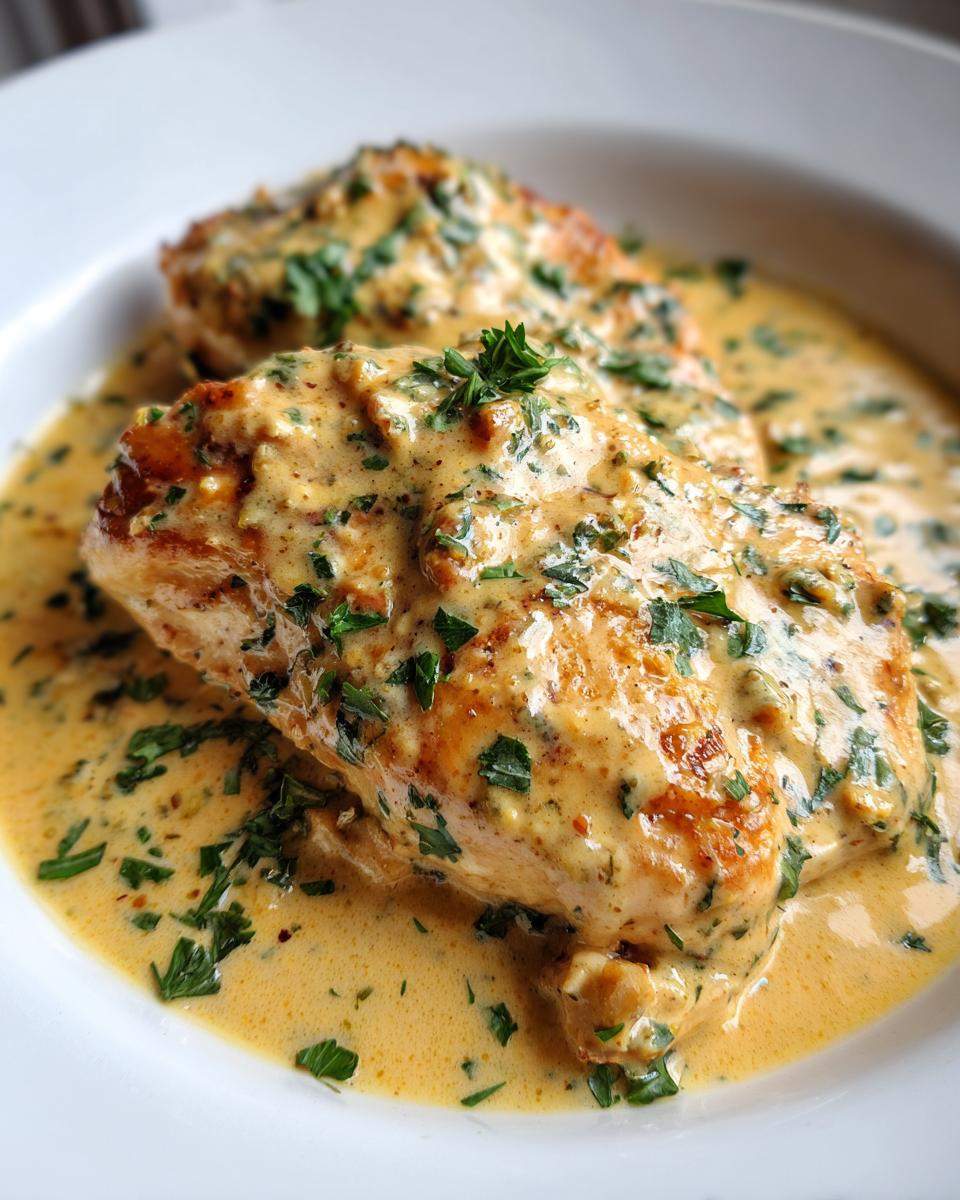 Two golden-brown chicken breasts smothered in a creamy, yellow Dijon sauce and topped with chopped fresh parsley.