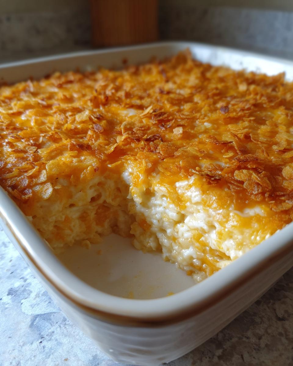 Close-up of creamy funeral potatoes recipe in a baking dish with a golden, crunchy cornflake topping.
