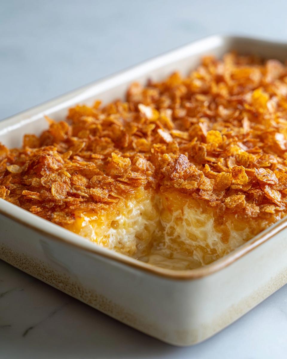 Close-up of baked funeral potatoes recipe in a casserole dish with a golden, crunchy cornflake topping.