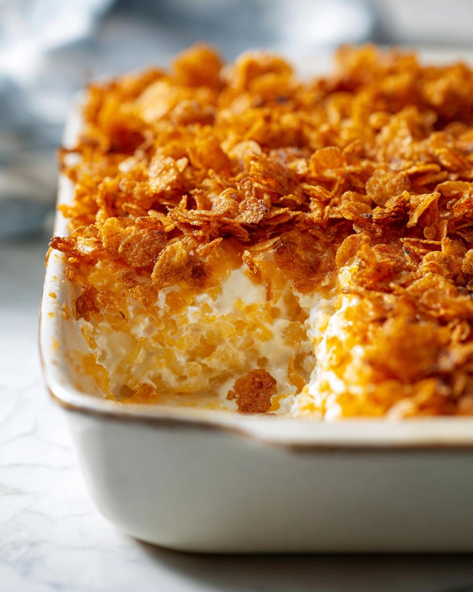 Close-up of creamy funeral potatoes recipe in a white baking dish with a crunchy cornflake topping.