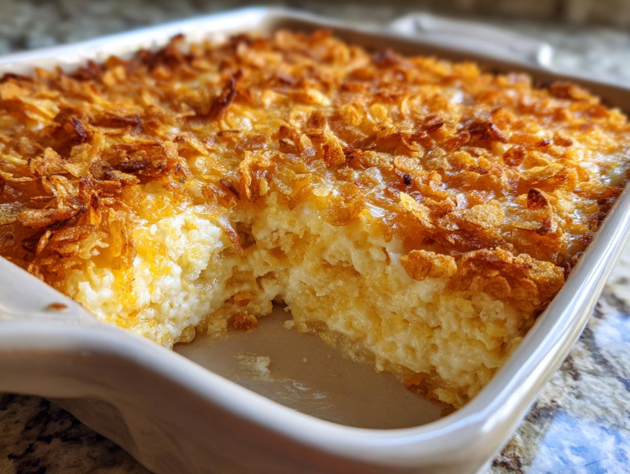 A close-up of creamy funeral potatoes recipe casserole with a golden, crispy cornflake topping.