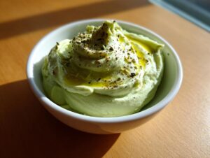 A bowl of smooth, pale green olive dip, drizzled with olive oil and sprinkled with spices.