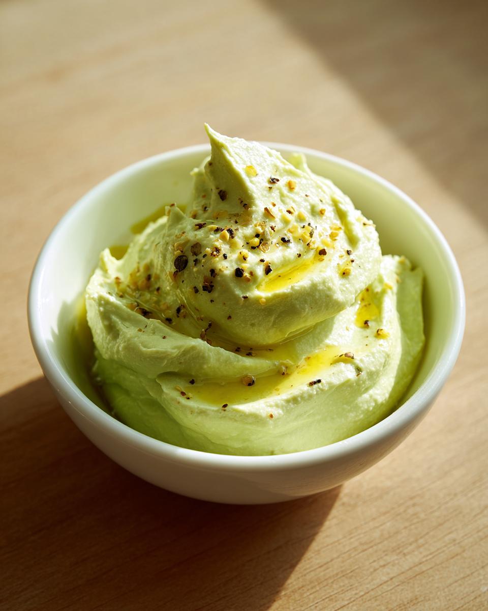 Close-up of a vibrant, light green olive dip swirled high in a white bowl, drizzled with olive oil and sprinkled with spices.