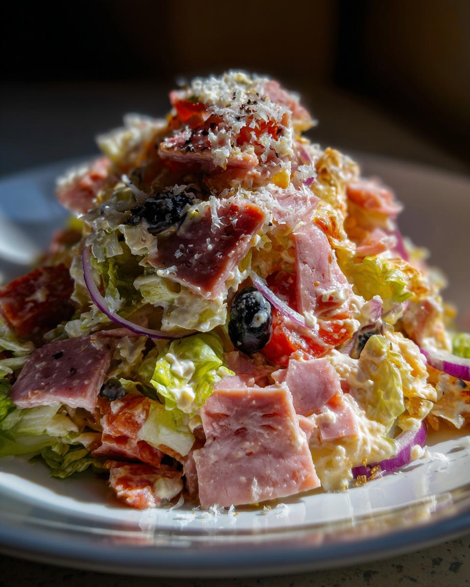 A close-up, dramatic shot of a mound of grinder salad featuring chopped lettuce, ham, olives, red onion, and creamy dressing topped with grated cheese.