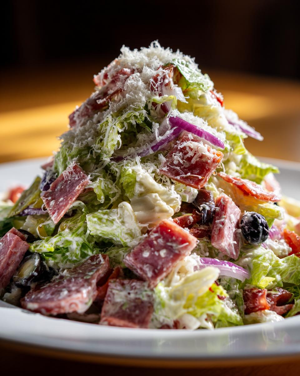 A tall mound of creamy grinder salad featuring chopped lettuce, salami chunks, red onion, and grated Parmesan cheese.
