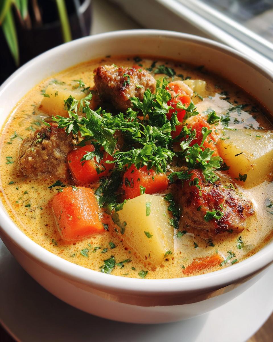 A close-up of a hearty bowl of creamy italian sausage soup, filled with chunks of sausage, potatoes, carrots, and fresh parsley.